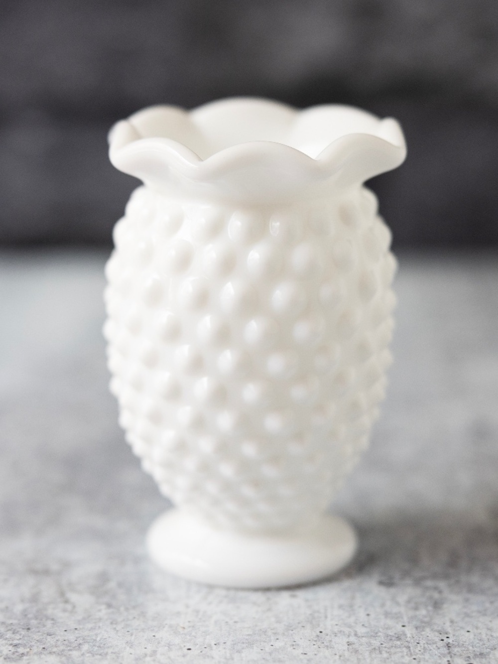 Vintage small white Fenton hobnail ruffled milk glass bud vase 3.75" tall